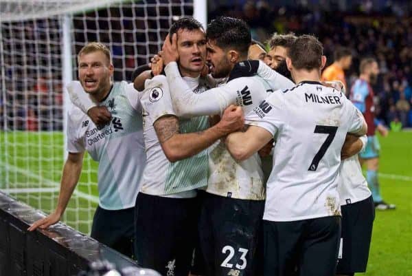 LIVERPOOL, ENGLAND - Saturday, December 30, 2017: Liverpool's Dejan Lovren and Emre Can celebrate a late winning goal, scored by Ragnar Klavan [L] during the FA Premier League match between Liverpool and Leicester City at Anfield. (Pic by David Rawcliffe/Propaganda)