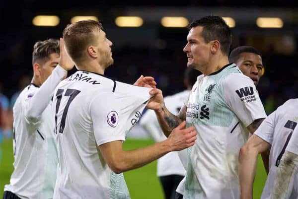 LIVERPOOL, ENGLAND - Saturday, December 30, 2017: Liverpool's Ragnar Klavan celebrates scoring the winning second goal with a header with team-mate Dejan Lovren during the FA Premier League match between Liverpool and Leicester City at Anfield. (Pic by David Rawcliffe/Propaganda)