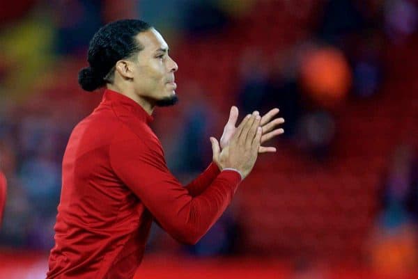 LIVERPOOL, ENGLAND - Friday, January 5, 2018: Liverpool's new signing Virgil van Dijk, who joined from Southampton for £75m, a world record for a defender, during the pre-match warm-up before the FA Cup 3rd Round match between Liverpool FC and Everton FC, the 230th Merseyside Derby, at Anfield. (Pic by David Rawcliffe/Propaganda)