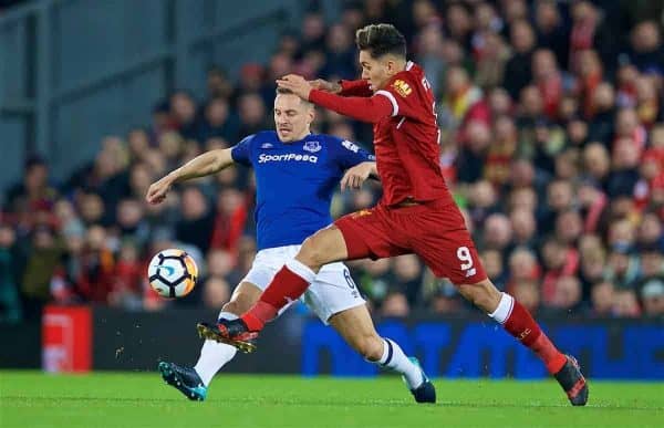 LIVERPOOL, ENGLAND - Friday, January 5, 2018: Liverpool's Roberto Firmino and Everton's captain Phil Jagielka during the FA Cup 3rd Round match between Liverpool FC and Everton FC, the 230th Merseyside Derby, at Anfield. (Pic by David Rawcliffe/Propaganda)