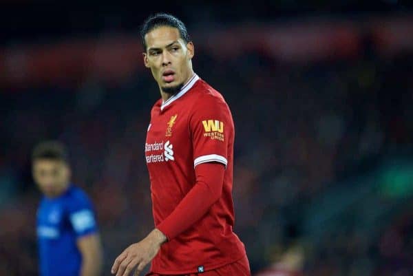 LIVERPOOL, ENGLAND - Friday, January 5, 2018: Liverpool's new signing Virgil van Dijk, who joined from Southampton for £75m, a world record for a defender, during the FA Cup 3rd Round match between Liverpool FC and Everton FC, the 230th Merseyside Derby, at Anfield. (Pic by David Rawcliffe/Propaganda)