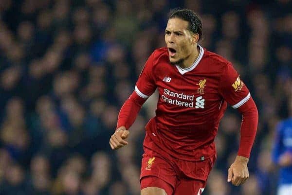 LIVERPOOL, ENGLAND - Friday, January 5, 2018: Liverpool's new signing Virgil van Dijk, who joined from Southampton for £75m, a world record for a defender, during the FA Cup 3rd Round match between Liverpool FC and Everton FC, the 230th Merseyside Derby, at Anfield. (Pic by David Rawcliffe/Propaganda)