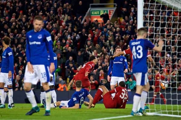 LIVERPOOL, ENGLAND - Friday, January 5, 2018: Liverpool's Virgil van Dijk celebrates scoring the second goal during the FA Cup 3rd Round match between Liverpool FC and Everton FC, the 230th Merseyside Derby, at Anfield. (Pic by David Rawcliffe/Propaganda)