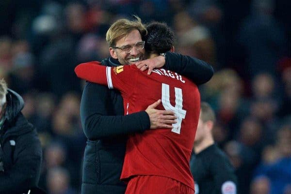 LIVERPOOL, ENGLAND - Friday, January 5, 2018: Liverpool's match winning goal-scorer Virgil van Dijk celebrates with manager JÃ¼rgen Klopp after the 2-1 victory over Everton during the FA Cup 3rd Round match between Liverpool FC and Everton FC, the 230th Merseyside Derby, at Anfield. (Pic by David Rawcliffe/Propaganda)