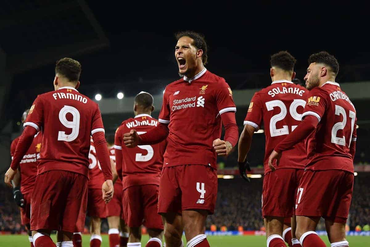 LIVERPOOL, ENGLAND - Friday, January 5, 2018: Liverpool's Virgil van Dijk celebrates scoring the winning goal at the Kop end to seal a 2-1 victory over Everton on his debut during the FA Cup 3rd Round match between Liverpool FC and Everton FC, the 230th Merseyside Derby, at Anfield. (Pic by David Rawcliffe/Propaganda)