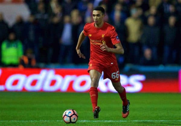 PLYMOUTH, ENGLAND - Wednesday, January 18, 2017: Liverpool's Trent Alexander-Arnold in action against Plymouth Argyle during the FA Cup 3rd Round Replay match at Home Park. (Pic by David Rawcliffe/Propaganda)