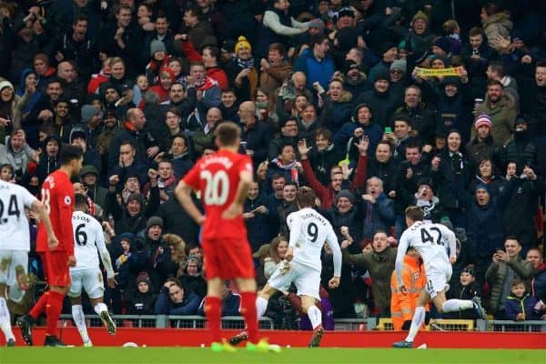 LIVERPOOL, ENGLAND - Saturday, January 21, 2017: Swansea City's Fernando Llorente celebrates scoring the second goal against Liverpool during the FA Premier League match at Anfield. (Pic by David Rawcliffe/Propaganda)