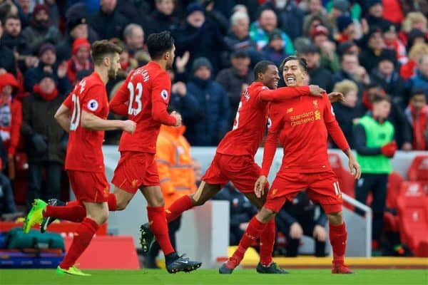 LIVERPOOL, ENGLAND - Saturday, January 21, 2017: Liverpool's Roberto Firmino celebrates scoring the first goal against Swansea City, with team-mate Adam Lallana, to pull a goal back and make the score 1-2 during the FA Premier League match at Anfield. (Pic by David Rawcliffe/Propaganda)