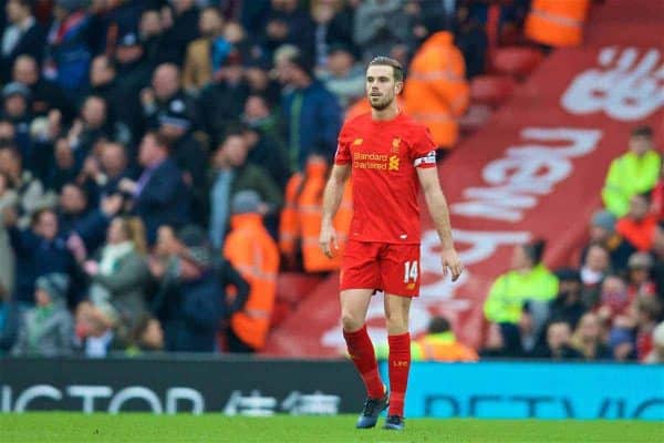 LIVERPOOL, ENGLAND - Saturday, January 21, 2017: Liverpools captain Jordan Henderson looks dejected as Swansea City scorer the third goal during the FA Premier League match at Anfield. (Pic by David Rawcliffe/Propaganda)