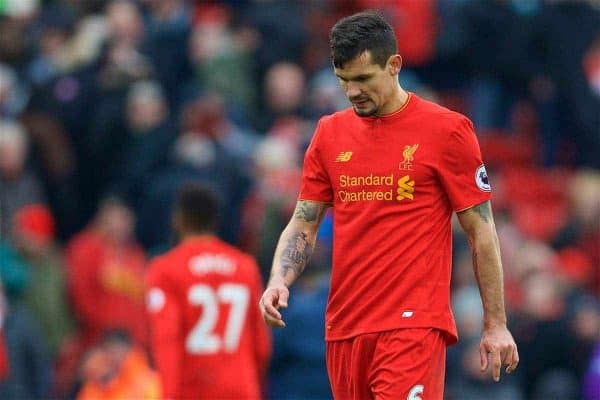 LIVERPOOL, ENGLAND - Saturday, January 21, 2017: Liverpool's Dejan Lovren looks dejected as his side lose 3-2 to Swansea City during the FA Premier League match at Anfield. (Pic by David Rawcliffe/Propaganda)