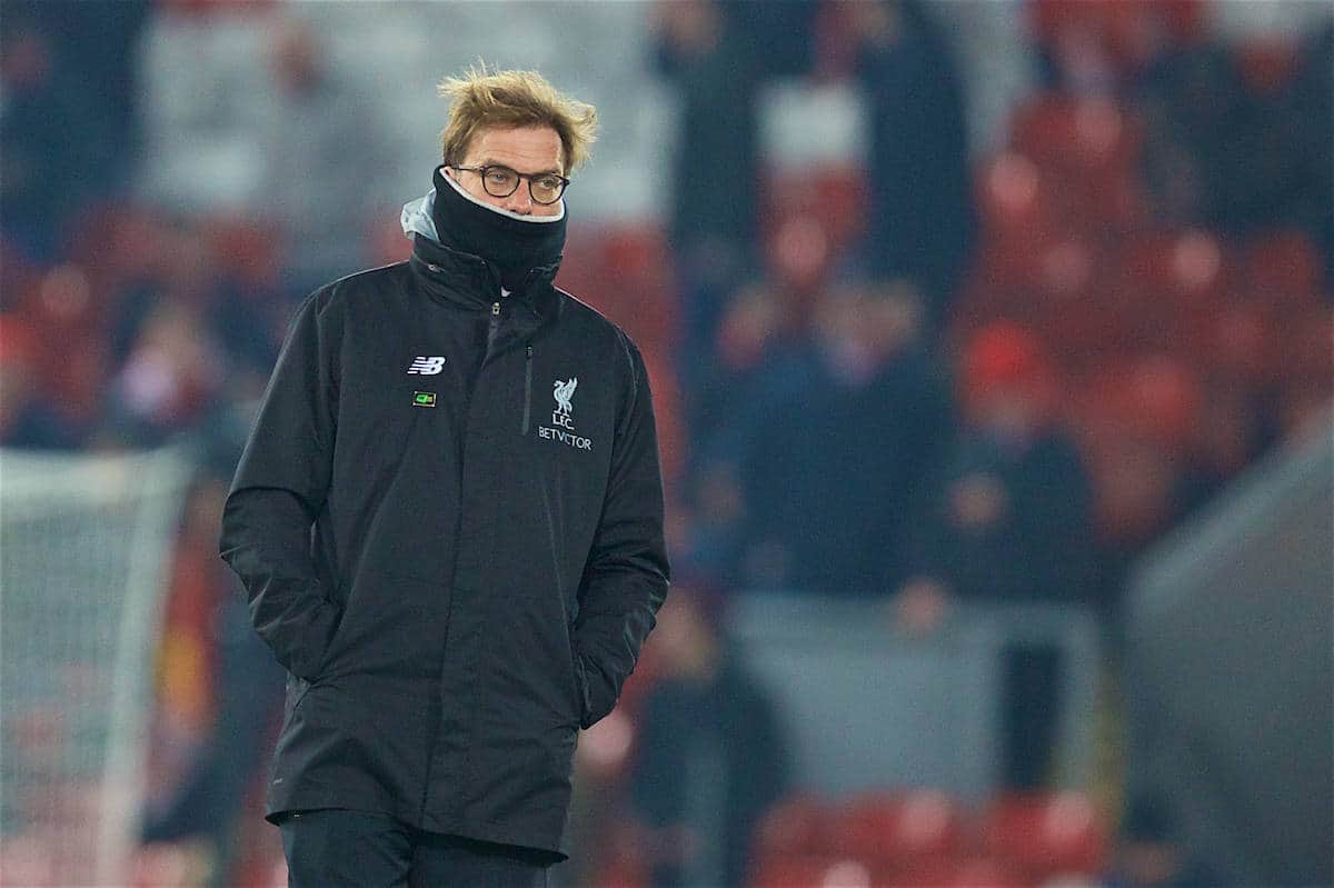 LIVERPOOL, ENGLAND - Wednesday, January 25, 2017: Liverpool's manager Jürgen Klopp before the Football League Cup Semi-Final 2nd Leg match against Southampton at Anfield. (Pic by David Rawcliffe/Propaganda)