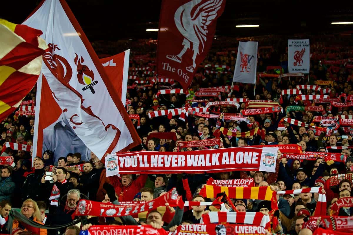 LIVERPOOL, ENGLAND - Wednesday, January 25, 2017: Liverpool supporters on the Spion Kop before the Football League Cup Semi-Final 2nd Leg match against Southampton at Anfield. (Pic by David Rawcliffe/Propaganda)