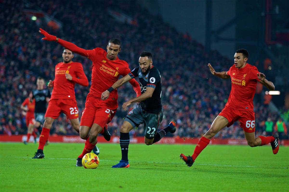 LIVERPOOL, ENGLAND - Wednesday, January 25, 2017: Liverpool's Joel Matip in action against Southampton's Nathan Redmond during the Football League Cup Semi-Final 2nd Leg match at Anfield. (Pic by David Rawcliffe/Propaganda)