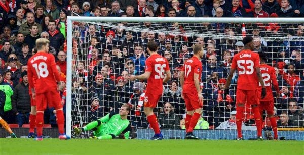 LIVERPOOL, ENGLAND - Saturday, January 28, 2017: Liverpool's goalkeeper Loris Karius looks dejected as Wolverhampton Wanderers score the opening goal during the FA Cup 4th Round match at Anfield. (Pic by David Rawcliffe/Propaganda)