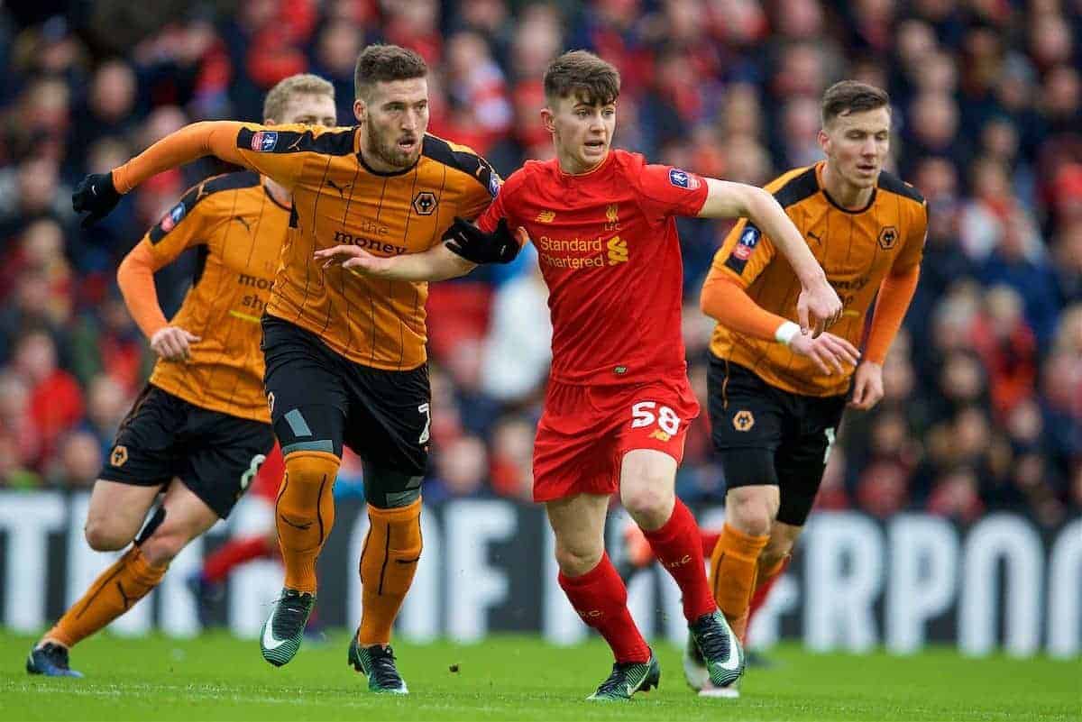 LIVERPOOL, ENGLAND - Saturday, January 28, 2017: Liverpool's Ben Woodburn in action against Wolverhampton Wanderers during the FA Cup 4th Round match at Anfield. (Pic by David Rawcliffe/Propaganda)