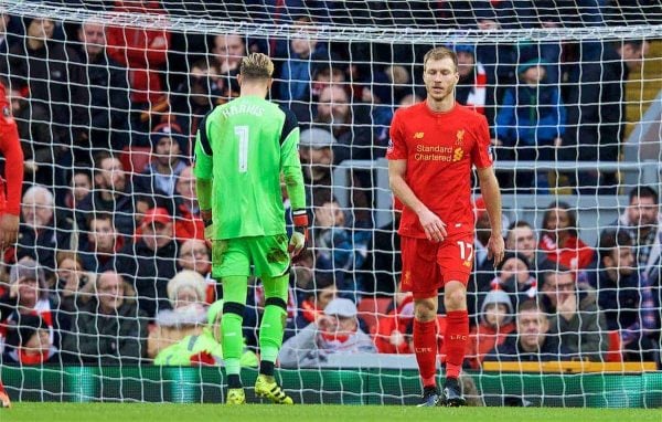 LIVERPOOL, ENGLAND - Saturday, January 28, 2017: Liverpool's goalkeeper Loris Karius and Ragnar Klavan look dejected as Wolverhampton Wanderers take a two-goal lead during the FA Cup 4th Round match at Anfield. (Pic by David Rawcliffe/Propaganda)