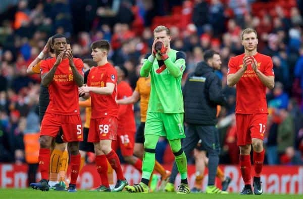 LIVERPOOL, ENGLAND - Saturday, January 28, 2017: Liverpool's Georginio Wijnaldum, Ben Woodburn, goalkeeper Loris Karius and Ragnar Klavan look dejected after losing 2-1 to Wolverhampton Wanderers during the FA Cup 4th Round match at Anfield. (Pic by David Rawcliffe/Propaganda)