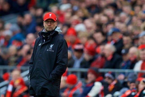 LIVERPOOL, ENGLAND - Saturday, January 28, 2017: Liverpool's manager Jürgen Klopp cuts an unhappy figure on the touch-line as he watches his side lose 2-1 to Wolverhampton Wanderers during the FA Cup 4th Round match at Anfield. (Pic by David Rawcliffe/Propaganda)