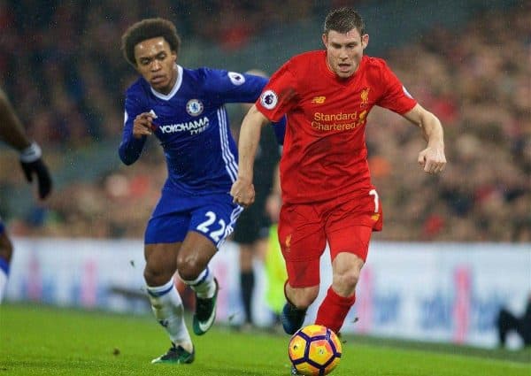 LIVERPOOL, ENGLAND - Tuesday, January 31, 2017: Liverpool's James Milner in action against Chelsea during the FA Premier League match at Anfield. (Pic by David Rawcliffe/Propaganda)