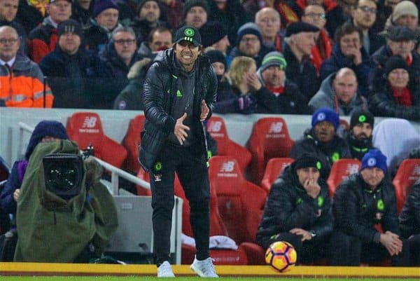 LIVERPOOL, ENGLAND - Tuesday, January 31, 2017: Chelsea's manager Antonio Conte during the FA Premier League match against Liverpool at Anfield. (Pic by David Rawcliffe/Propaganda)