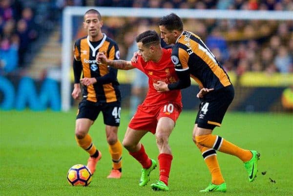 KINGSTON-UPON-HULL, ENGLAND - Saturday, February 4, 2017: Liverpool's Philippe Coutinho Correia in action against Hull City during the FA Premier League match at the KCOM Stadium. (Pic by David Rawcliffe/Propaganda)