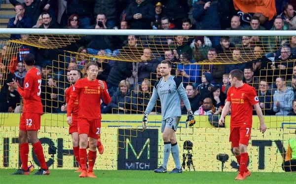 KINGSTON-UPON-HULL, ENGLAND - Saturday, February 4, 2017: Liverpoo's goalkeeper Simon Mignolet looks dejected after his fumble led to Hull City's opening goal during the FA Premier League match at the KCOM Stadium. (Pic by David Rawcliffe/Propaganda)