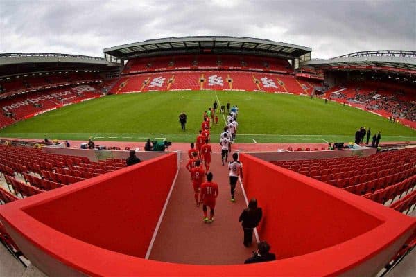 LIVERPOOL, ENGLAND - Sunday, February 5, 2017: Liverpool and Tottenham Hotspur players walk out before FA Premier League 2 Division 1 Under-23 match at Anfield. (Pic by David Rawcliffe/Propaganda)