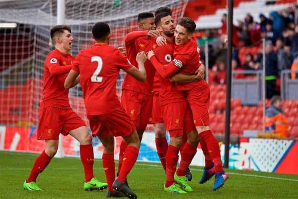 LIVERPOOL, ENGLAND - Sunday, February 5, 2017: Liverpool's Kevin Stewart celebrates scoring the third goal against Tottenham Hotspur with team-mates during FA Premier League 2 Division 1 Under-23 match at Anfield. (Pic by David Rawcliffe/Propaganda)