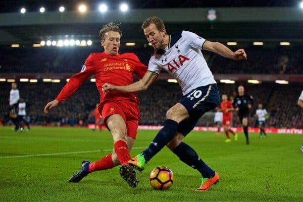 LIVERPOOL, ENGLAND - Saturday, February 11, 2017: Liverpool's Lucas Leiva in action against Harry Kane of Tottenham Hotspur during the FA Premier League match at Anfield. (Pic by David Rawcliffe/Propaganda)