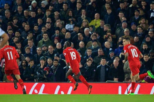 LIVERPOOL, ENGLAND - Saturday, February 11, 2017: Liverpool's Sadio Mane celebrates scoring the first goal against Tottenham Hotspur during the FA Premier League match at Anfield. (Pic by David Rawcliffe/Propaganda)