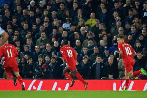 LIVERPOOL, ENGLAND - Saturday, February 11, 2017: Liverpool's Sadio Mane celebrates scoring the first goal against Tottenham Hotspur during the FA Premier League match at Anfield. (Pic by David Rawcliffe/Propaganda)