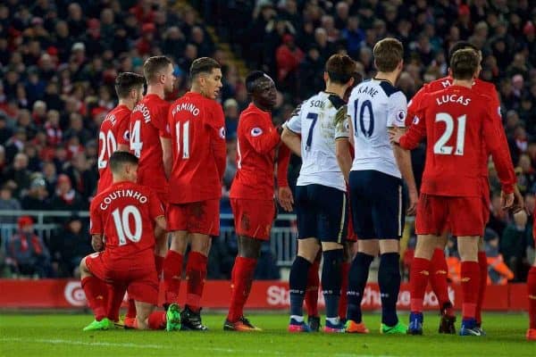 LIVERPOOL, ENGLAND - Saturday, February 11, 2017: Liverpool's Philippe Coutinho Correia tries an unusual way to form a defensive wall as Tottenham Hotspur prepare to take a free-kick during the FA Premier League match at Anfield. (Pic by David Rawcliffe/Propaganda)