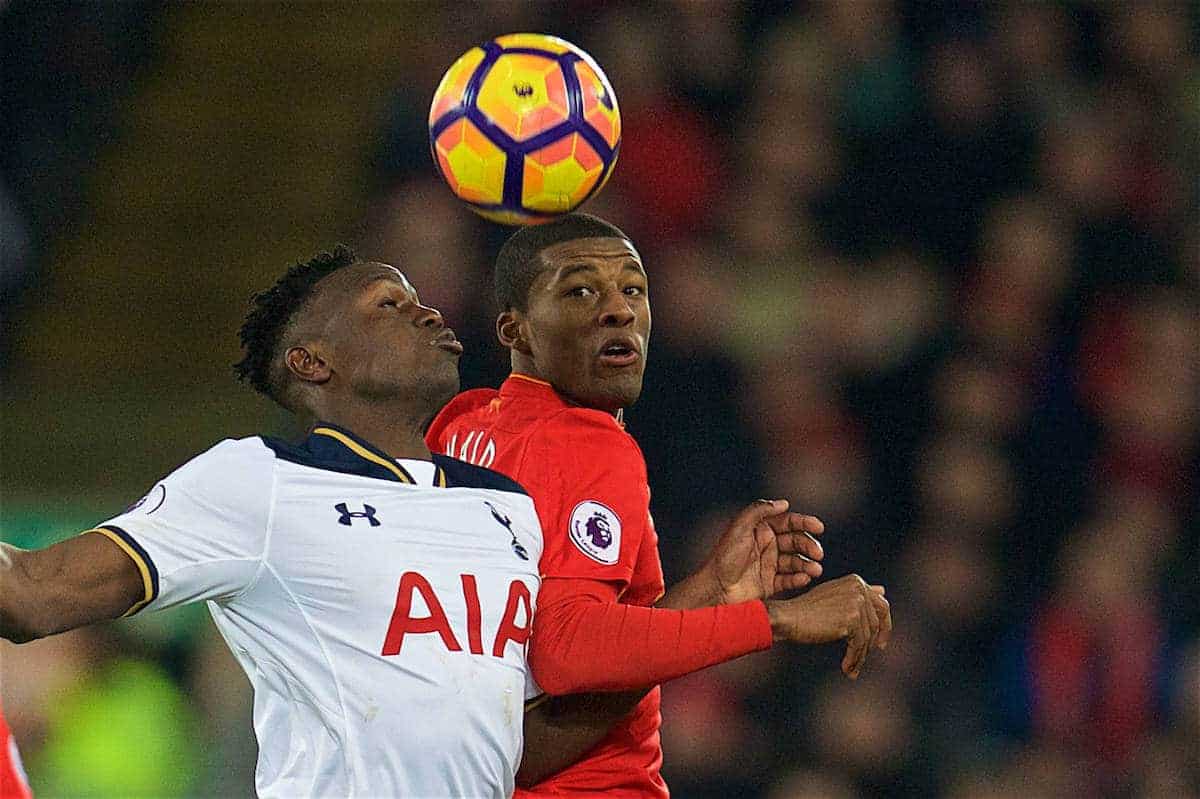 LIVERPOOL, ENGLAND - Saturday, February 11, 2017: Liverpool's Georginio Wijnaldum in action against Tottenham Hotspur's Victor Wanyama during the FA Premier League match at Anfield. (Pic by David Rawcliffe/Propaganda)