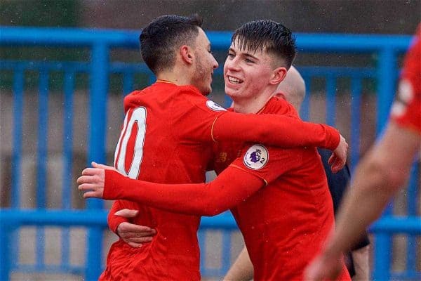 ASHTON-UNDER-LYNE, ENGLAND - Sunday, February 12, 2017: Liverpool's Ben Woodburn celebrates scoring the first goal against Huddersfield Town during the FA Premier League Cup Group G match at Tameside Stadium. (Pic by David Rawcliffe/Propaganda)