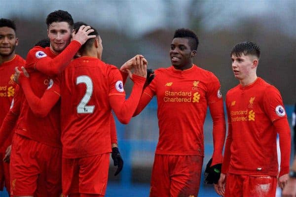 ASHTON-UNDER-LYNE, ENGLAND - Sunday, February 12, 2017: Liverpool's Sheyi Ojo celebrates scoring the fourth goal against Huddersfield Town during the FA Premier League Cup Group G match at Tameside Stadium. (Pic by David Rawcliffe/Propaganda)