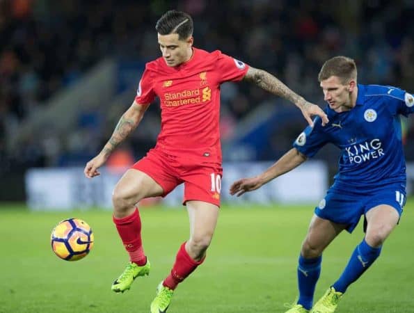 LEICESTER, ENGLAND - Monday, February 27, 2017: Liverpool's Philippe Coutinho in action against Leicester City's Marc Albrighton during the FA Premier League match at the King Power Stadium. (Pic by Gavin Trafford/Propaganda)