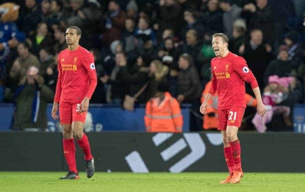 LEICESTER, ENGLAND - Monday, February 27, 2017: Liverpool's Lucas Leiva and Joel Matip look dejected after conceding against Leicester City during the FA Premier League match at the King Power Stadium. (Pic by Gavin Trafford/Propaganda)