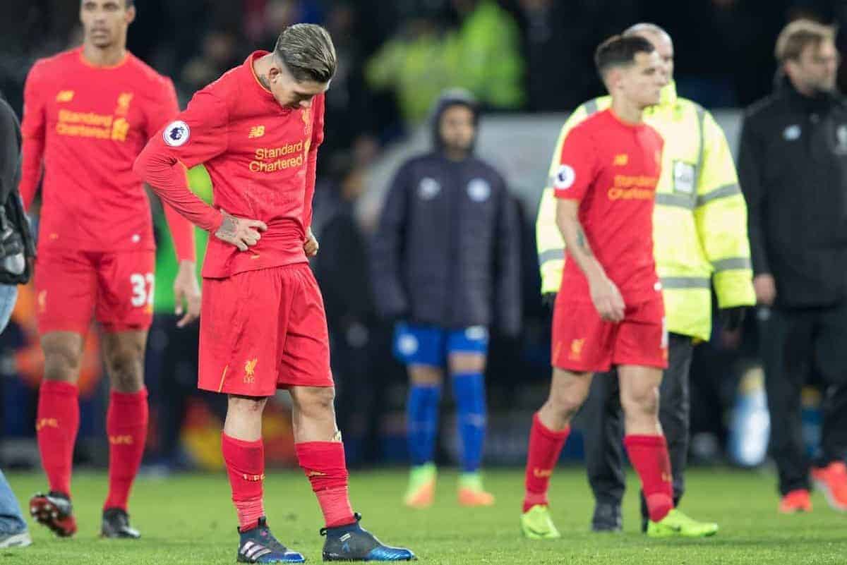 LEICESTER, ENGLAND - Monday, February 27, 2017: Liverpool's Roberto Firmino dejected after losing 3-1 against Leicester City in the FA Premier League match at the King Power Stadium. (Pic by Gavin Trafford/Propaganda)