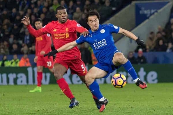 LEICESTER, ENGLAND - Monday, February 27, 2017: Liverpool's Georginio Wijnaldum in action against Leicester City's Shinji Okazaki during the FA Premier League match at the King Power Stadium. (Pic by Gavin Trafford/Propaganda)