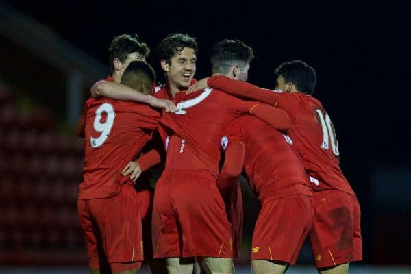 KIDDERMINSTER, ENGLAND - Tuesday, February 28, 2017: Liverpool's players celebrate with goal-scorer Connor Randall [hidden] after he scored the winning goal against West Bromwich Albion in injury time to seal a 1-0 victory during the FA Premier League Cup Group G match at Aggborough Stadium. (Pic by David Rawcliffe/Propaganda)