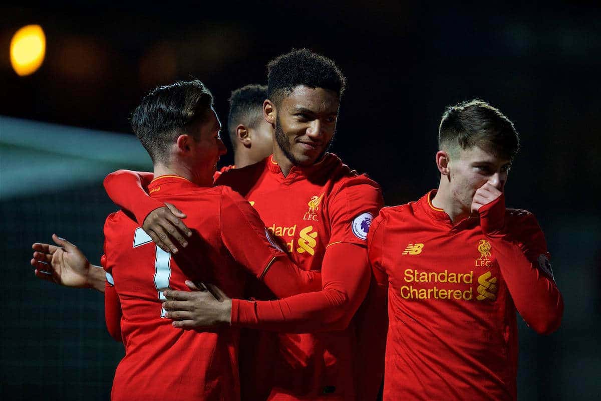 HIGH WYCOMBE, ENGLAND - Monday, March 6, 2017: Liverpool's Joe Gomez celebrates scoring the first goal against Reading during FA Premier League 2 Division 1 Under-23 match at Adams Park Stadium. (Pic by David Rawcliffe/Propaganda)