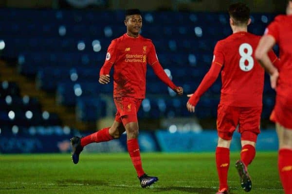 HIGH WYCOMBE, ENGLAND - Monday, March 6, 2017: Liverpool's Rhian Brewster celebrates scoring the second goal against Reading during FA Premier League 2 Division 1 Under-23 match at Adams Park Stadium. (Pic by David Rawcliffe/Propaganda)