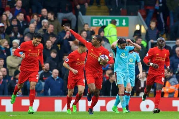 LIVERPOOL, ENGLAND - Sunday, March 12, 2017: Liverpool's Georginio Wijnaldum scores the first equalising goal against Burnley in injury time of the first half during the FA Premier League match at Anfield. (Pic by David Rawcliffe/Propaganda)