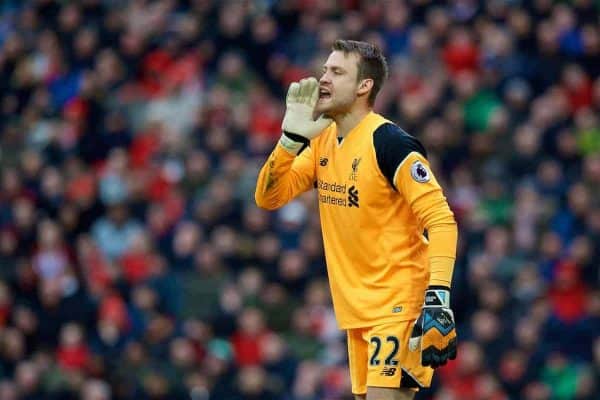 LIVERPOOL, ENGLAND - Sunday, March 12, 2017: Liverpool's goalkeeper Simon Mignolet in action against Burnley during the FA Premier League match at Anfield. (Pic by David Rawcliffe/Propaganda)