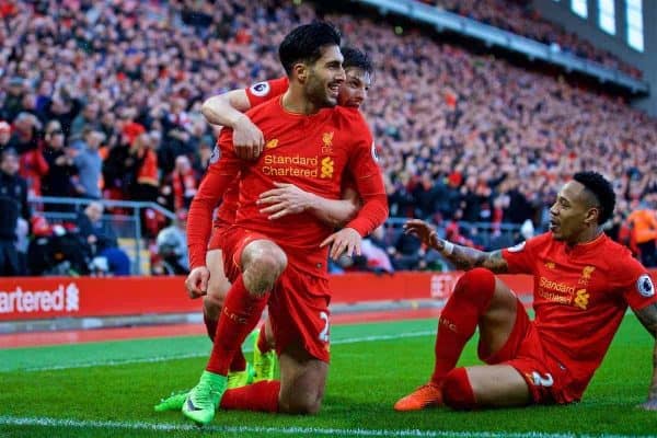 LIVERPOOL, ENGLAND - Sunday, March 12, 2017: Liverpool's Emre Can celebrates scoring the second goal against Burnley during the FA Premier League match at Anfield. (Pic by David Rawcliffe/Propaganda)