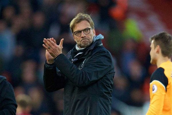 LIVERPOOL, ENGLAND - Sunday, March 12, 2017: Liverpool's manager Jürgen Klopp after the 2-1 victory over Burnley during the FA Premier League match at Anfield. (Pic by David Rawcliffe/Propaganda)