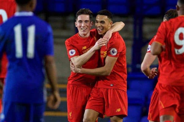 BIRKENHEAD, ENGLAND - Monday, March 13, 2017: Liverpool's Trent Alexander-Arnold celebrates scoring the second goal against Chelsea with team-mate captain Harry Wilson during the Under-23 FA Premier League 2 Division 1 match at Prenton Park. (Pic by David Rawcliffe/Propaganda)