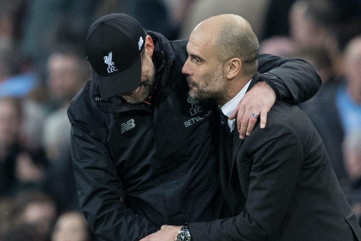 MANCHESTER, ENGLAND - Sunday, March 19, 2017: Liverpool's Manager J¸rgen Klopp and Manchester City's Manager Manager Pep Guardiola after the FA Premier League match at the City of Manchester Stadium. (Pic by Gavin Trafford/Propaganda)