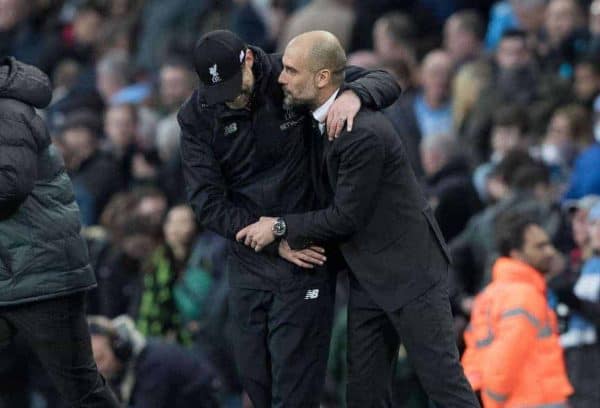 MANCHESTER, ENGLAND - Sunday, March 19, 2017: Liverpool's Manager Jürgen Klopp and Manchester City's Manager Manager Pep Guardiola after the FA Premier League match at the City of Manchester Stadium. (Pic by Gavin Trafford/Propaganda)