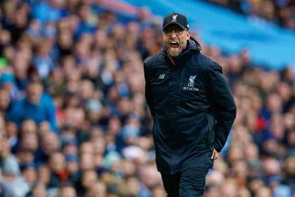 MANCHESTER, ENGLAND - Sunday, March 19, 2017: Liverpool's manager Jürgen Klopp reacts during the FA Premier League match against Manchester City at the City of Manchester Stadium. (Pic by David Rawcliffe/Propaganda)